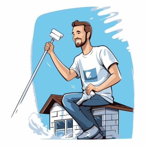 Vector illustration of a man on the roof with a paint roller.