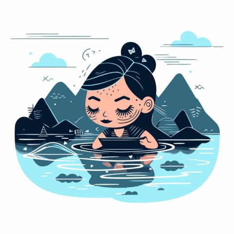 Vector illustration of a girl in the sea. The girl is swimming i