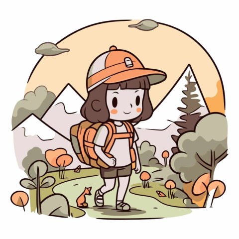 Cute Cartoon Girl Hiking in the Forest