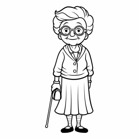 Grandmother with walking stick in black and white colors.