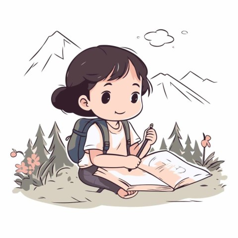 Illustration of a little girl reading a book in the mountains.