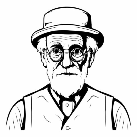 Old man in a hat and glasses. Black and white vector illustratio