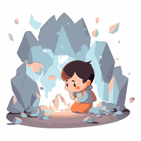 Cute little boy hiking in mountains. Cartoon vector illustration