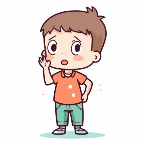 Cute little boy in orange t-shirt and shorts.