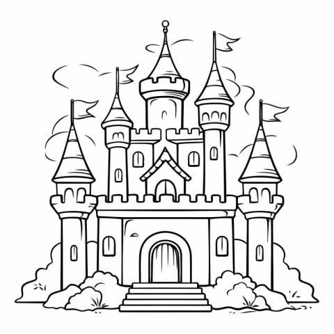 Fairytale castle. Black and white vector illustration for colori