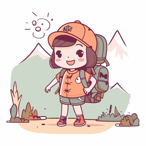 Cute little girl with backpack hiking in the mountains