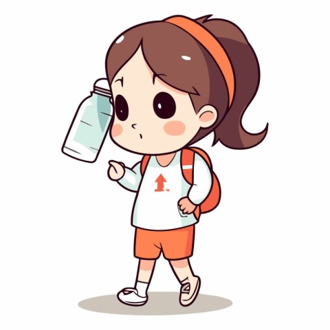 Girl drinking water from a bottle. Cute cartoon vector illustrat