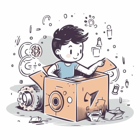 Cute boy playing with cardboard box. Hand drawn vector illustrat