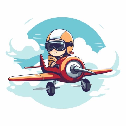 Illustration of a little boy in an aviator helmet flying in an a