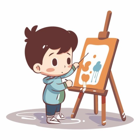 Boy painting on easel. Cute cartoon character vector illustratio