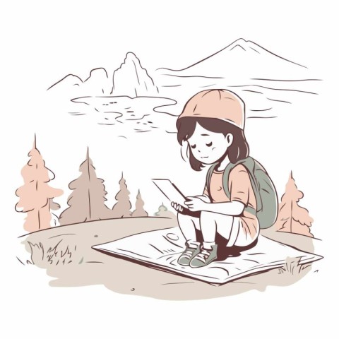 Illustration of a girl with a backpack and a map in the mountain