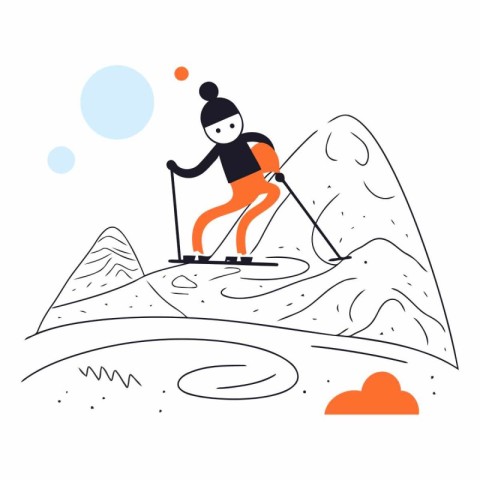 Vector illustration of a girl skiing in the mountains. Flat styl