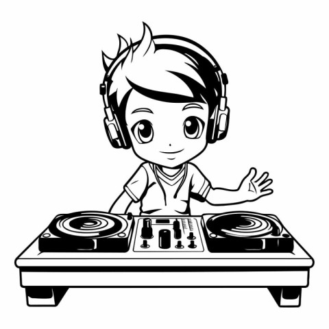 cute dj boy with headphones and turntable vector illustration gr