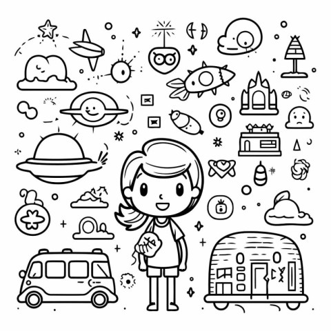 Vector set of doodle kids icons and elements. Cute hand drawn do