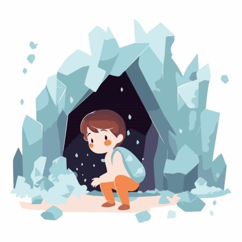 Cartoon boy standing in the hole in the ice