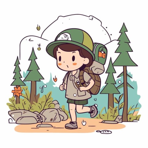 Boy scout hiking in the forest in cartoon style.