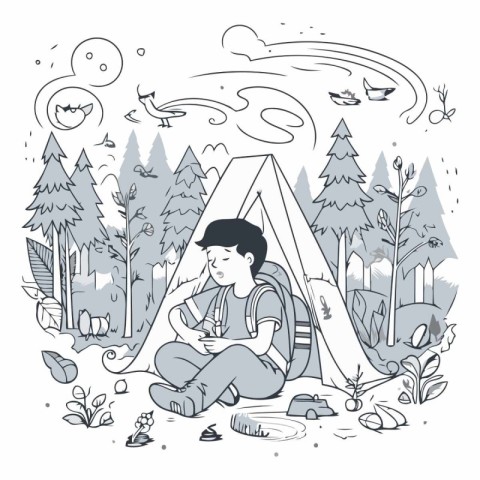 Young man sitting near his tent in the forest.