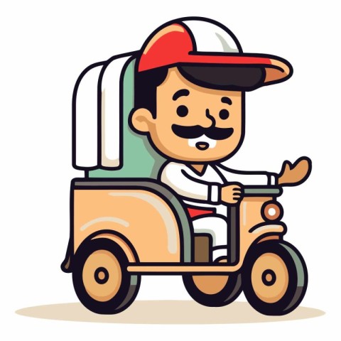 Cute Cartoon Boy Riding Tuk Tuk Car Vector Illustration