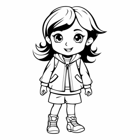 Vector illustration of a little girl in a jacket and shorts on a