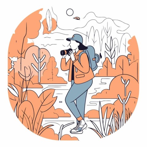 Vector illustration of a woman with a backpack and camera in the