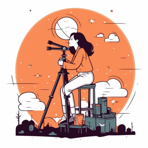 Vector illustration of a woman looking through a telescope on a