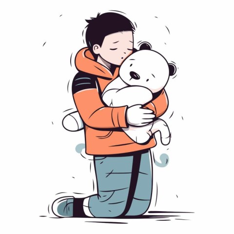 Illustration of a sad boy hugging a teddy bear