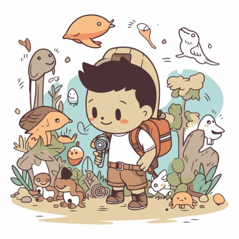 Illustration of a little explorer with a backpack in the park.