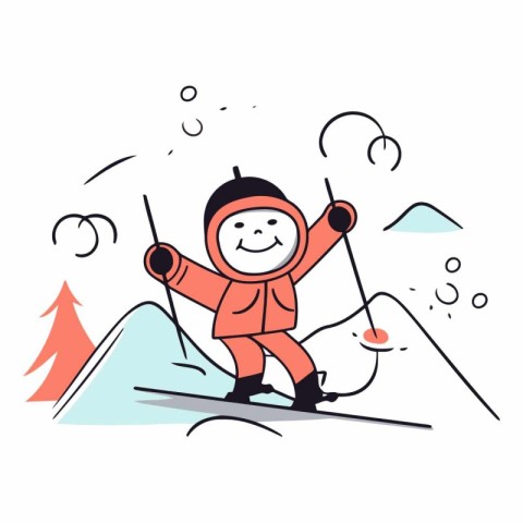 Little boy skiing in mountains in doodle style