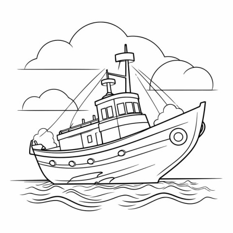 Fishing boat in the sea in outline style.