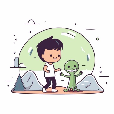 Little boy playing with cute alien in the park.