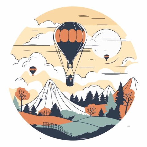 Vector illustration of hot air balloon flying over the mountains