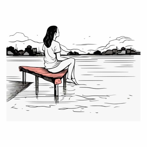 Girl sitting on a bench by the sea. Vector hand drawn illustrati