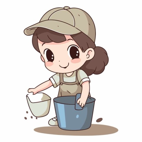 Cute little girl is pouring water into a bucket.