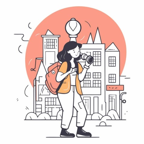 Vector illustration of a girl with a camera and a map in the cit