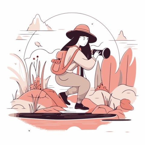 Tourist with backpack and binoculars in the park