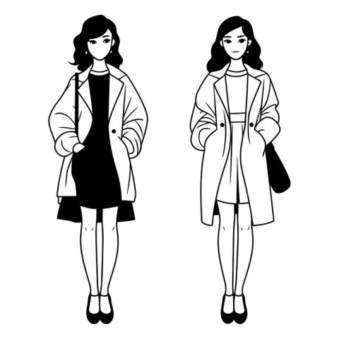 Fashion women in winter clothes. Black and white vector illustra