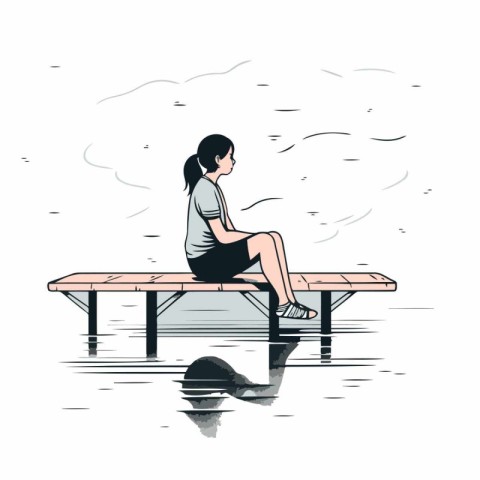 Woman sitting on a wooden bench in the lake.