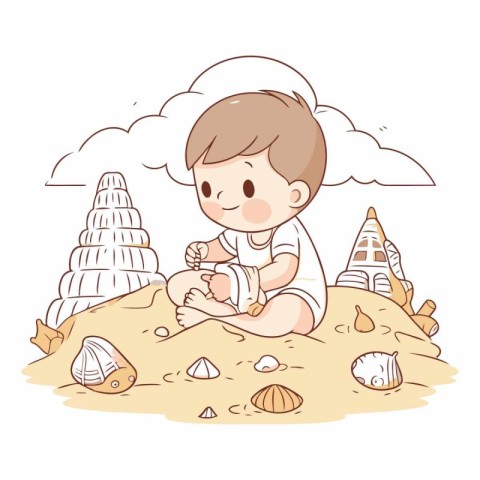 Cute little boy playing with sand and shells.