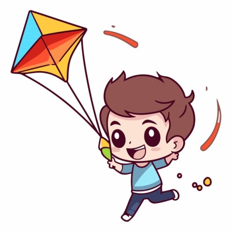 Boy Flying a Kite - Colored Cartoon Character Vector Illustratio