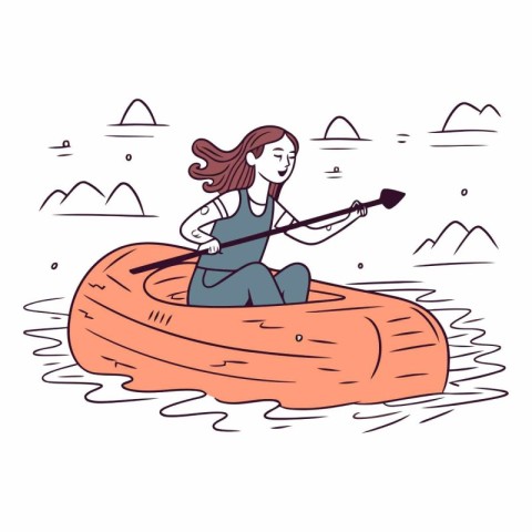 Woman paddling on a kayak in doodle style.