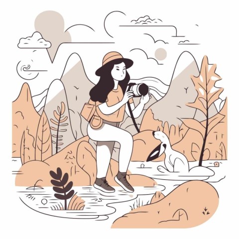 Vector illustration of a girl with a backpack and a dog in the p