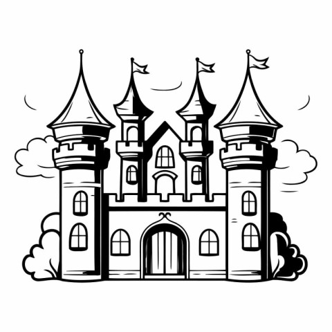 Castle. Fairy tale. Black and white vector illustration for colo