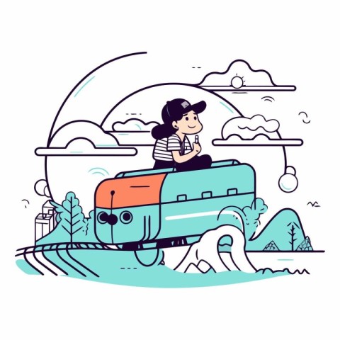 Vector illustration of little girl riding a toy train on the roa