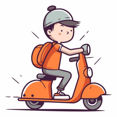 Cute boy riding scooter in cartoon style.