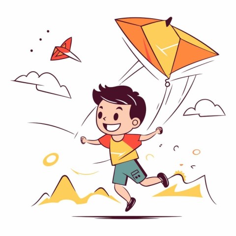 Boy flying on a kite in cartoon style.