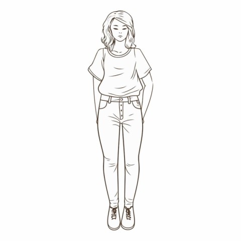 Beautiful young woman in casual clothes. Outline vector illustra