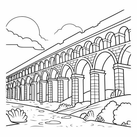 Illustration of a Roman aqueduct on a sunny day.