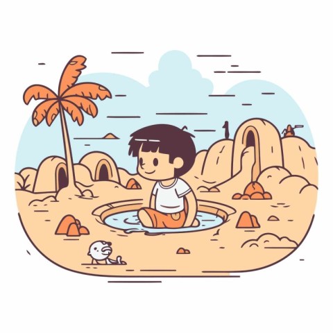 Cute cartoon boy playing in the water on the beach