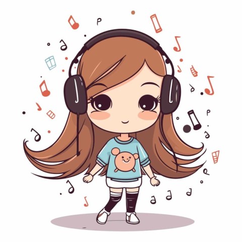 Cute little girl listening to music with headphones.