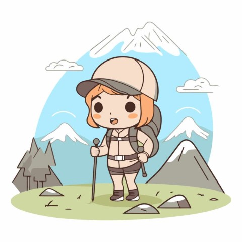 Cute girl hiker in the mountains. Cartoon vector illustration.